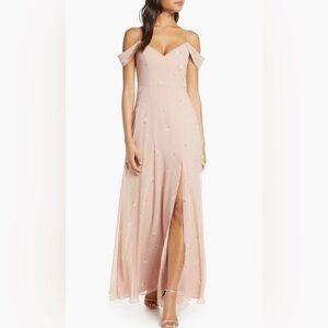 Jenny Yoo Priya Cold Shoulder Floral Chiffon Evening Dress 16 Blush Mauve Pink